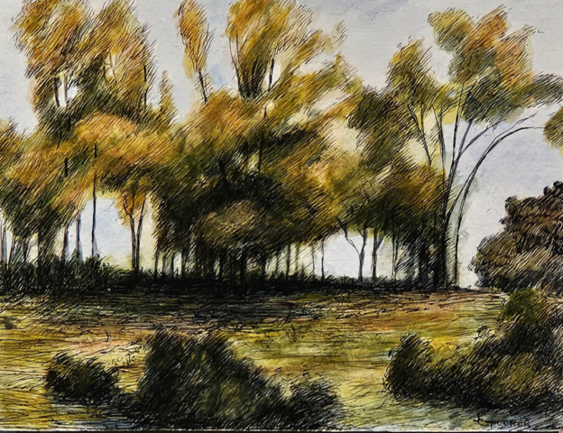 Pen & ink with watercolor landscape, Tennessee